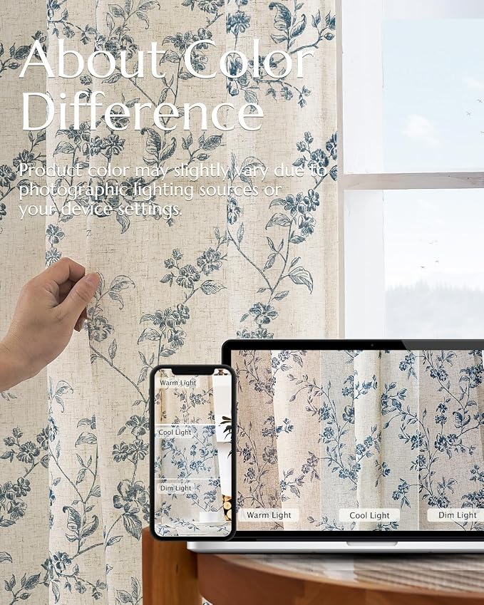 jinchan Blue Floral Linen Curtains 96 Inch French Country Back Tab 2 Panels | - Image 7