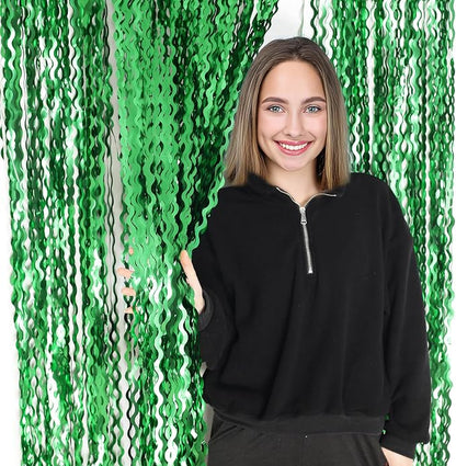 4Pcs Wavy Green Fringe Backdrop -3.3x6.6ft Green Streamer Foil Curtains - Image 5