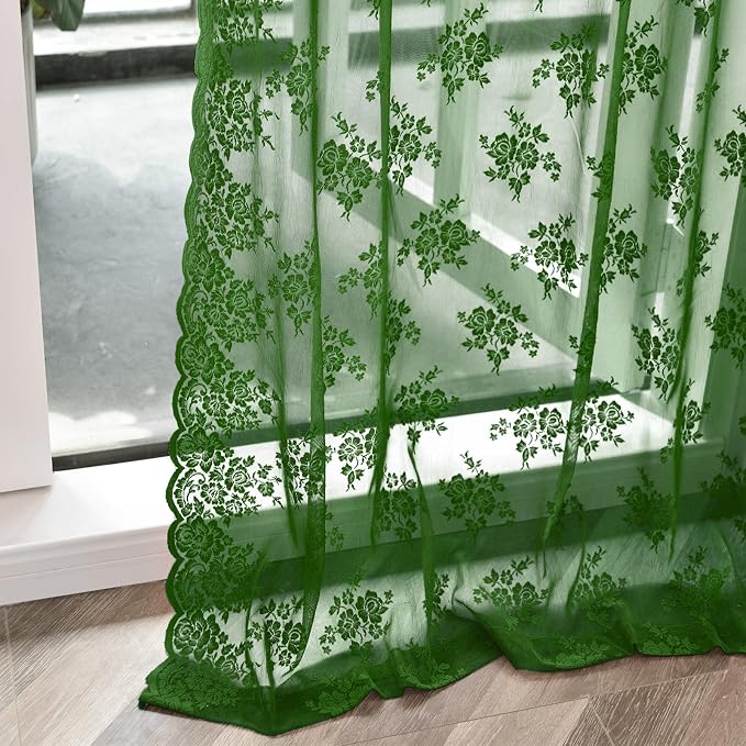 Kotile Dark Green Floral Lace Curtains - Image 6