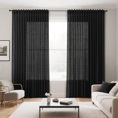 Black Large Window Curtains Light Filtering Semi Sheer Privacy Linen Textured - Image 7