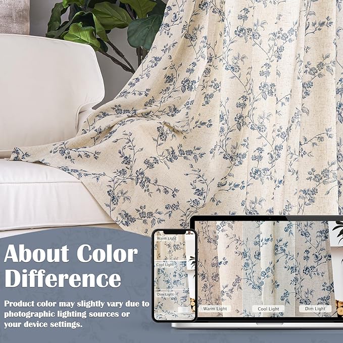 Blue Vintage Floral Linen Curtains Farmhouse 38W X 96L 2 Panels | Elisa Series - Image 6