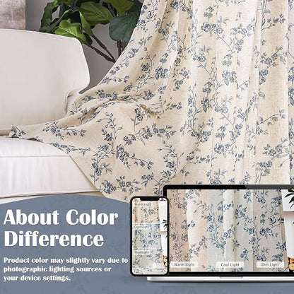 Blue Vintage Floral Linen Curtains Farmhouse 38W X 96L 2 Panels | Elisa Series - Image 6