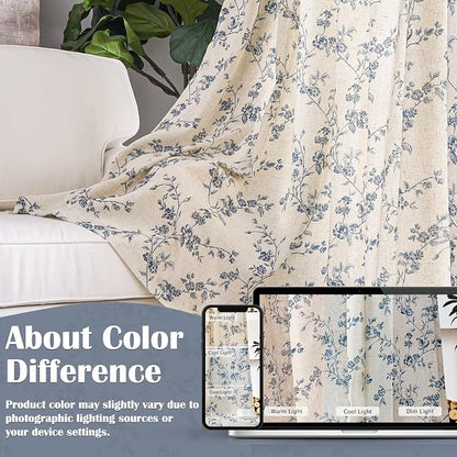 Blue Vintage Floral Linen Curtains Farmhouse 38W X 84L 2 Panels | Elisa Series - Image 6