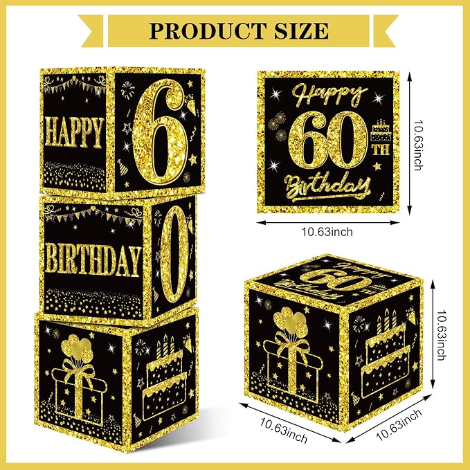 Eiurteao 3pcs Black Gold 60th Birthday Decorations Boxes - Image 3