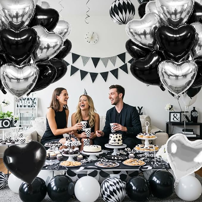 TONIFUL 30 Pcs Black Silver Heart Balloons 18 Inch Heart Shape Foil Balloon | - Image 5