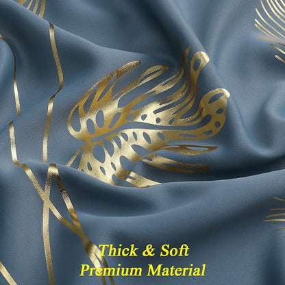 Stone Blue Blackout Curtains for Bedroom, Room Darkening Gold Palm Tree Pattern - Image 5