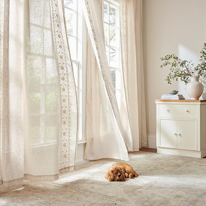 jinchan Floral Linen Curtains Embroidered Back Tab 50x96in 2 Panels Ivory | - Image 8