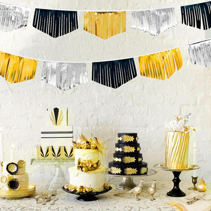 Black Silver Gold Tassel Banner Double Sided Metallic Fabric Pennant Bunting - Image 6