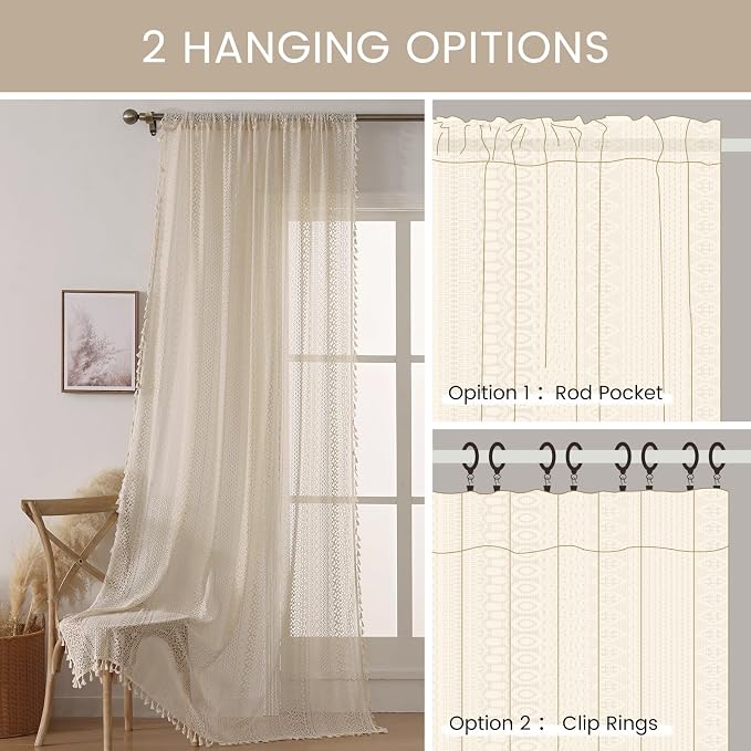 WAZZIO Boho Lace Curtains 105 Inch 2 Panel, Light Filtering Privacy Tassel & - Image 8