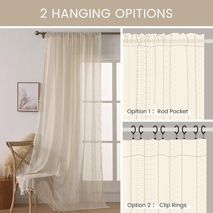 WAZZIO Boho Lace Curtains 108 Inch 2 Panel, Light Filtering Privacy Tassel & - Image 9