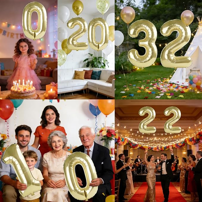 40 Inch Number 32 Balloons for 32nd Birthday Party Decorations, 0-100 Champagne - Image 7