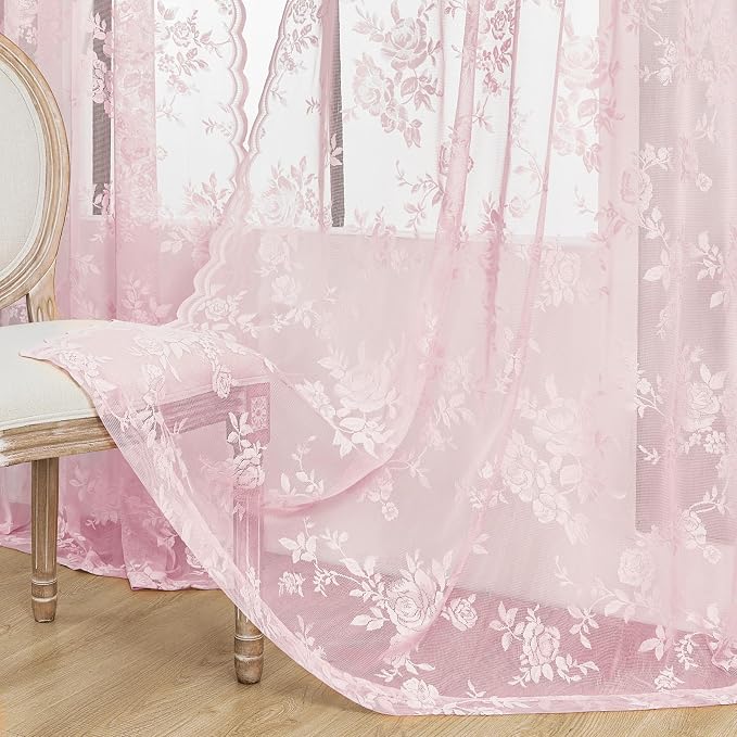 72 Inch Pastel Pink Lace Curtains 2 Panels Rod Pocket Big Flower Embroidery - Image 5