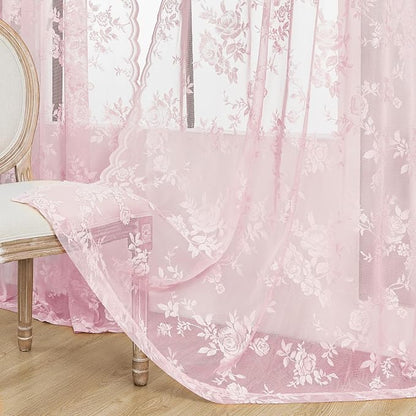 Light Pink Lace Curtains 45 Inch Length 2 Panels Rod Pocket Large Floral - Image 5