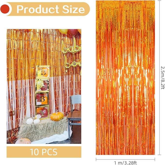 10 Pack Orange Backdrop Curtain 3.2ft x 8.2ft Metallic Tinsel Foil Fringe - Image 3