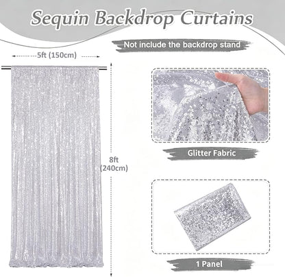 Silver Sequin Backdrop Curtains-1 Panel 5FTx8FT Silver Backdrop - Image 3