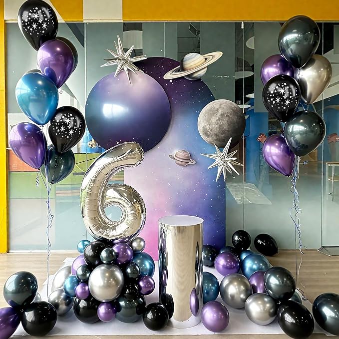 Galaxy Space Balloons, 12 Inch Navy Blue Metallic Blue Purple Silver Black Star - Image 6