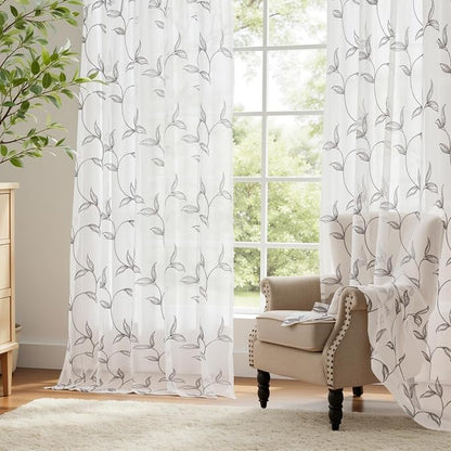 Sheer Curtains Boho Leaf Floral Embroidered Grey 54Wx72L | Light Filtering Semi - Image 6