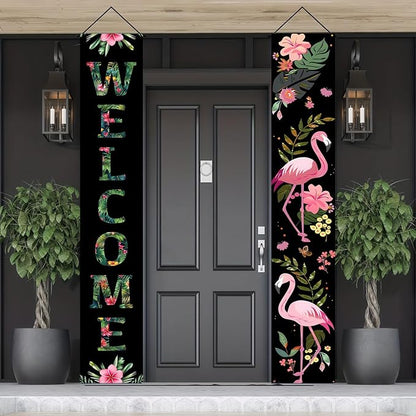 BlissYard 2pcs Black Pink Summer Door Banner Hawaiian Flamingo Porch Banners by BlissYard