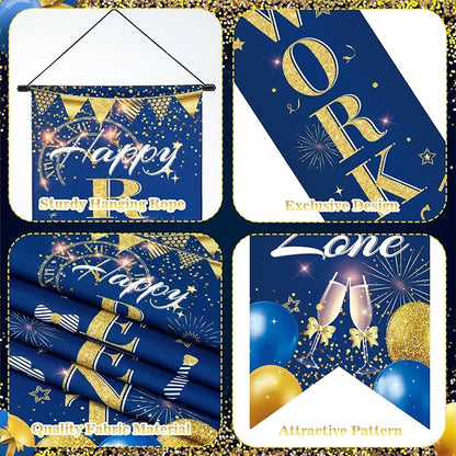 3Pcs Retirement Porch Sign Door Hanging Banner Navy Blue Gold Happy Retirement - Image 3