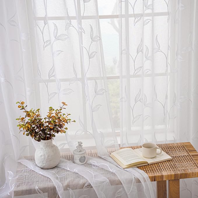 White Sheer Curtains Boho Leaf Floral Embroidered 54Wx84L | Light Filtering - Image 7