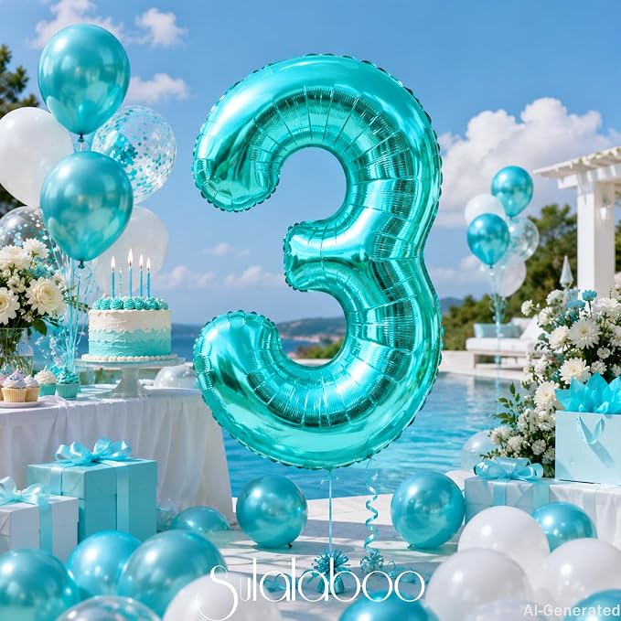 40 Inch Big Teal Blue Number 3 Foil 0-9 Mylar Helium Balloons | Large Digital - Image 2