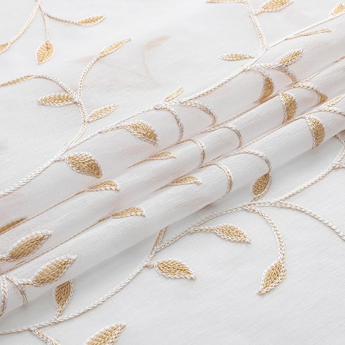 White Sheer Curtains Orange Leaf Embroidery Linen 96 Inches Long | Light - Image 7