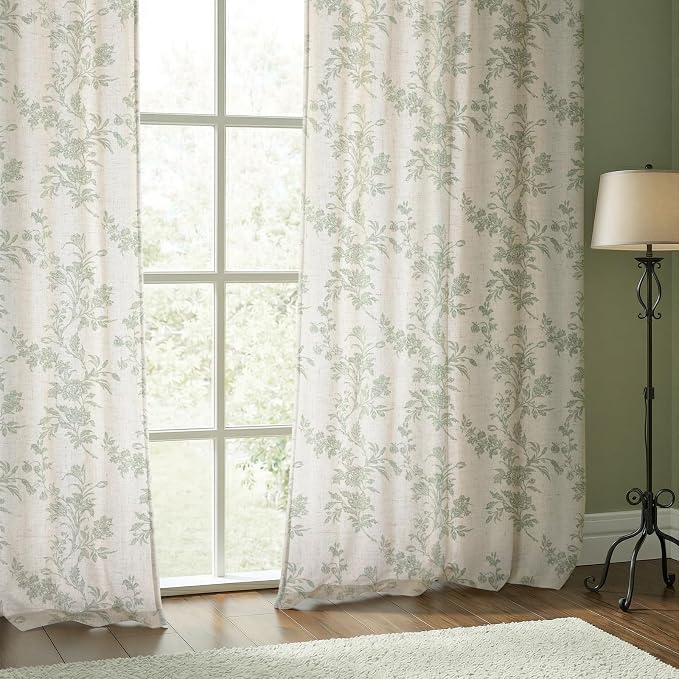 Sage Green Floral Curtains 84 Inch, Light Filtering Linen Texture Drapes 2 - Image 2