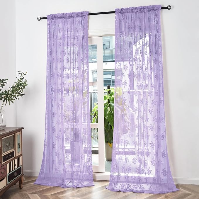 Kotile Light Purple Floral Sheer Curtains - Image 3