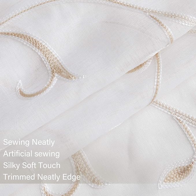 White Sheer Curtains Beige Embroidered Leaves 2 Panels 54Wx63L | Light - Image 4