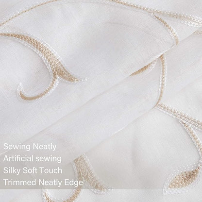 White Sheer Curtains Beige Embroidered Leaves 2 Panels 54Wx63L | Light - Image 4
