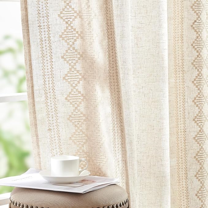 jinchan Floral Linen Curtains Embroidered Back Tab 50x63in 2 Panels Ivory | by JINCHAN