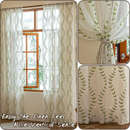 2 Panels Linen Leaf String Floral Embroidered Semi Sheer Curtain Farmhouse - Image 3