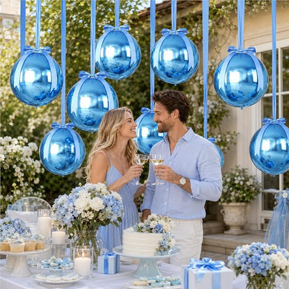 Blue Round Foil Balloons with Satin Bows and Ribbon - Image 8