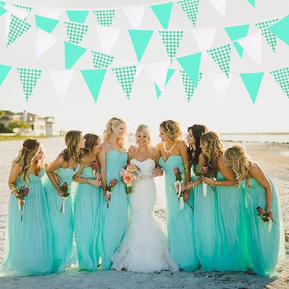 32Ft Aqua Green Plaid Checkered Party Banners Gingham Triangle Pennant Flag - Image 5