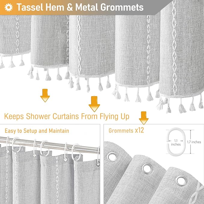 72 x 80 Boho Linen Heavy Duty Cloth Shower Curtain Set, 330GSM Linen Blend - Image 5