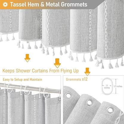 72x96 Extra Long Boho Linen Heavy Duty Shower Curtain Set, 330GSM Linen Blend - Image 5