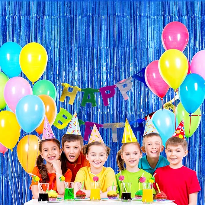 Blue Tinsel Foil Fringe Curtain Backdrop, 3.3 x 8.2 ft Metallic Glitter Curtain - Image 2