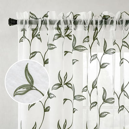 Sheer Curtains Boho Leaf Floral Embroidered Green 54Wx96L | Light Filtering - Image 4