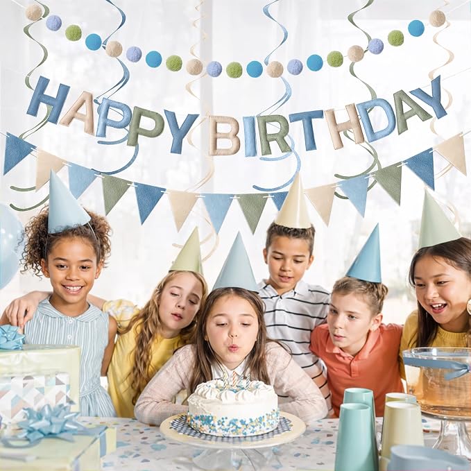Kriyokiaa Dusty Blue Sage Green Happy Birthday Banner Party Set | Pre-strung - Image 2