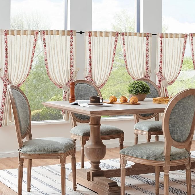 jinchan Red Floral Embroidered Linen Kitchen Curtains 54×45 Inch 2 Panels | - Image 8