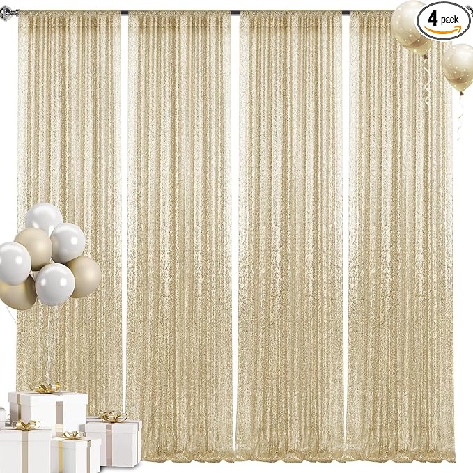 2×8FT-4PCS Champagne Sequin Backdrop Curtains Panels, Photography Backdrop by Pufogu