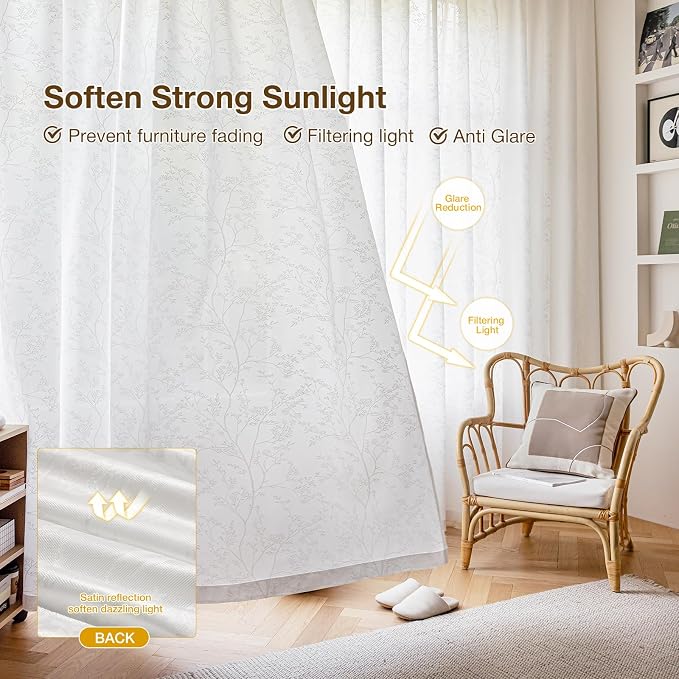 Anmao White Semi Sheer Light Filtering Curtains 102 Inches Long 2 Panels - Image 5
