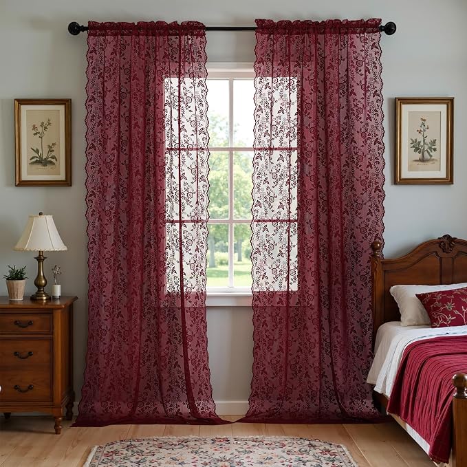 FINECITY Burgundy Lace Sheer Curtains Vintage Floral 42 x 72 Inch, 2 Panels | - Image 5