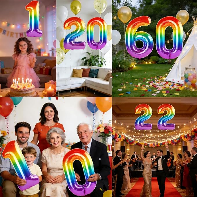 40 Inch Number 60 Balloons for 60th Birthday Party Decorations, 0-100 Rainbow - Image 7