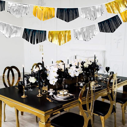 Black Silver Gold Tassel Banner Double Sided Metallic Fabric Pennant Bunting - Image 8