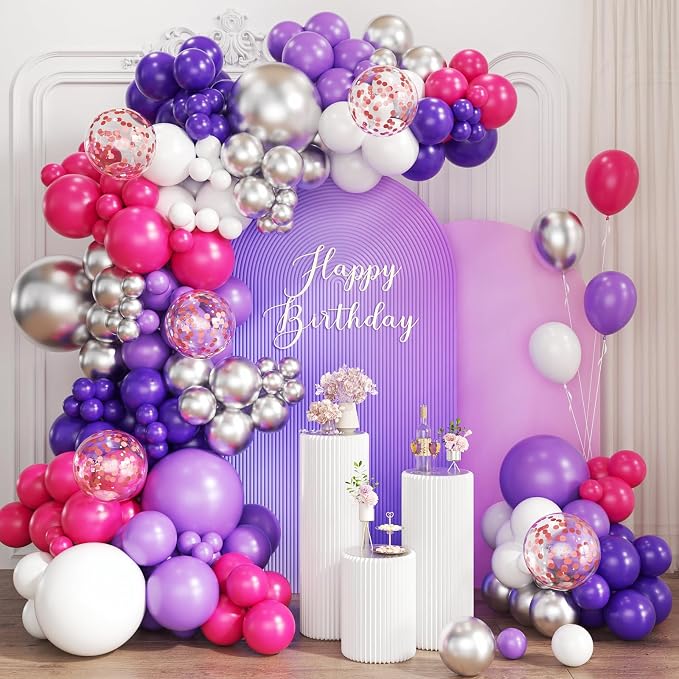 Hot Pink Purple White Silver Balloon Garland Arch Kit by Unknown