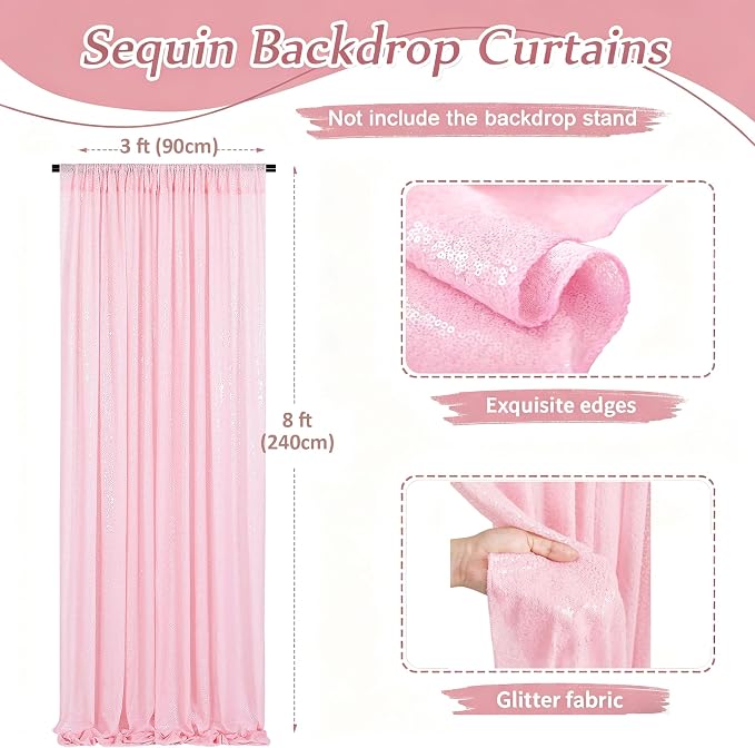 Pink Sequin Backdrop Curtains-1 Panel 3FTx8FT Light Pink Backdrop - Image 3