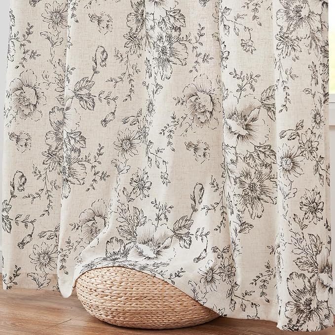 jinchan Black Floral Linen Curtains Lined 84 Inch Vintage Back Tab 2 Panels | - Image 8
