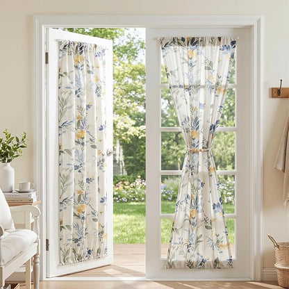 MYSKY HOME Floral Linen French Door Curtains Blue Farmhouse Privacy Door Window by MYSKYHOME