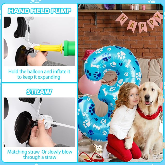40 Inch Blue Dog Paw Birthday Balloons, Number 3 Balloons - Image 4